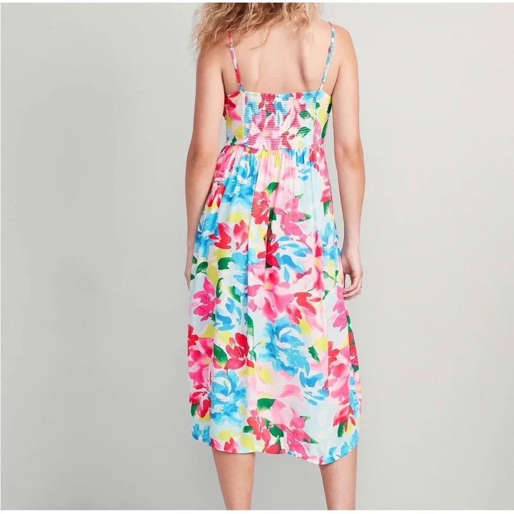 Old Navy Womens XS Floral Midi Dress Pink Blue Smocked Back Pockets Sundress - Picture 2 of 12